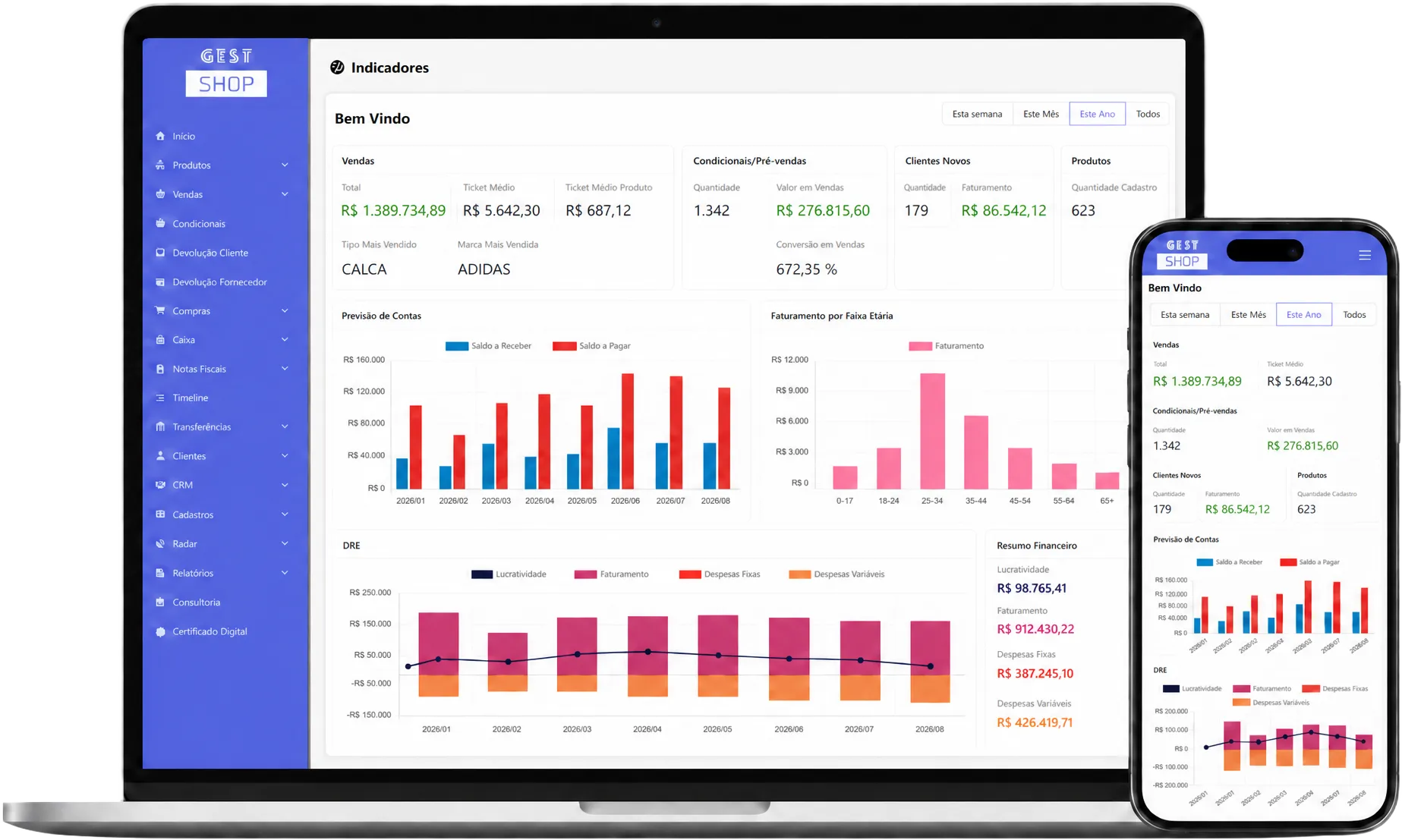 Painel do GestShop com indicadores de vendas, contas e faturamento, exibido em computador e celular
